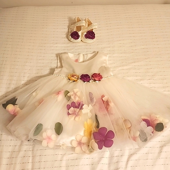 Pembekeleberi Other - Fancy dress white with flowers and pearls,with matching shoes 6-9 M